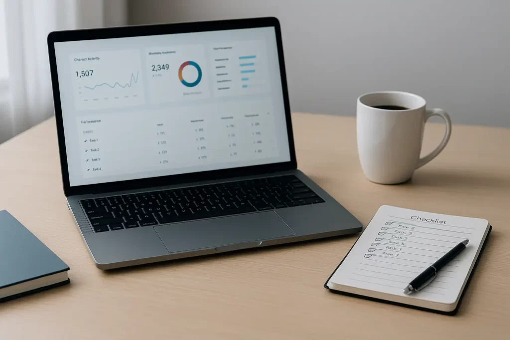 Workspace com laptop mostrando painel de métricas e checklist de marketing.