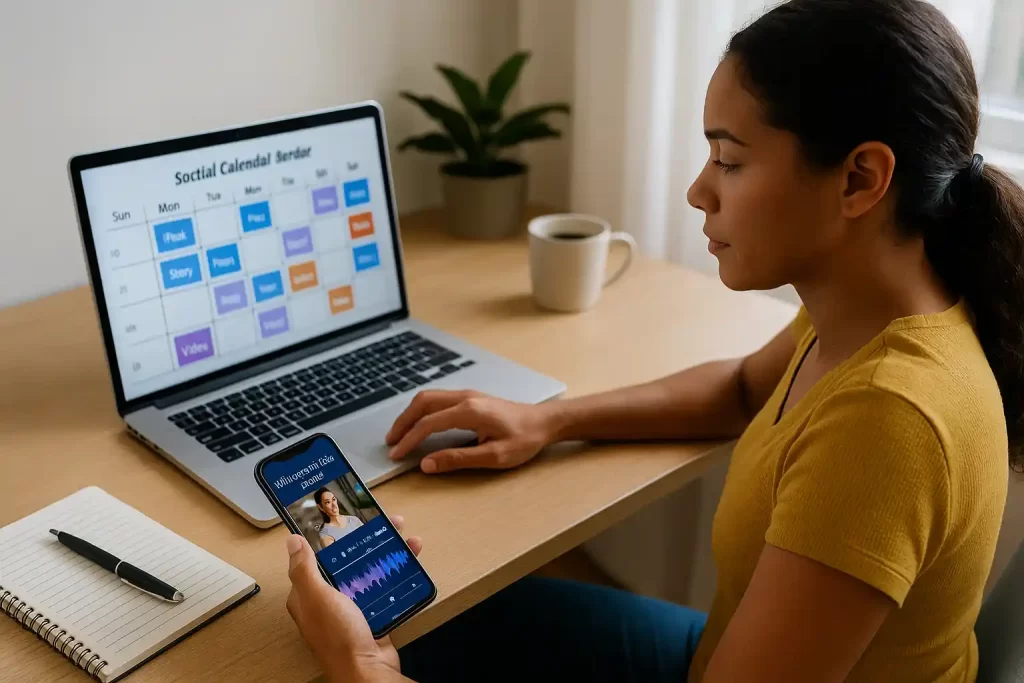 Mulher editando vídeo em aplicativo de IA no celular, em um ambiente de trabalho moderno.