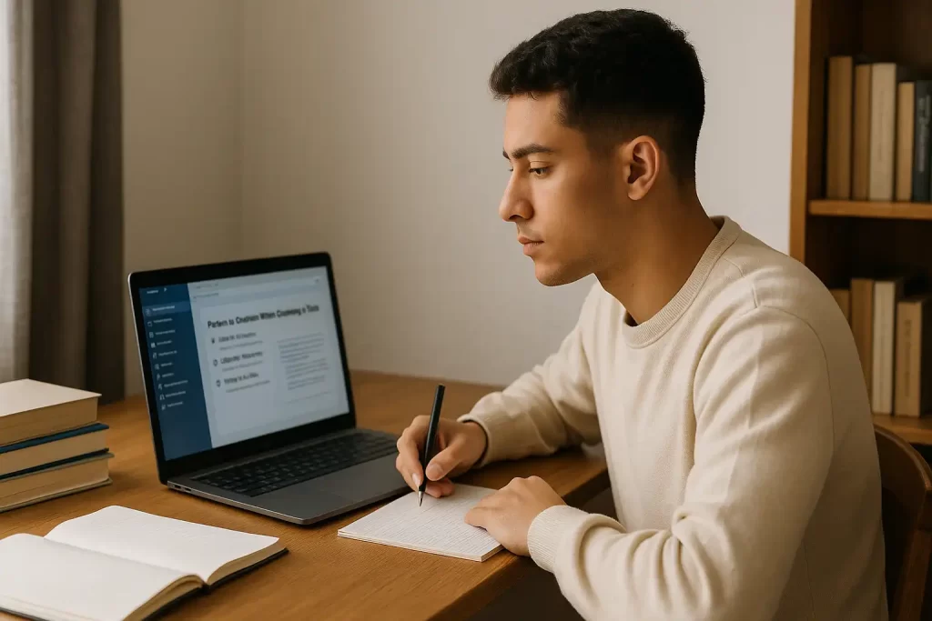 Estudante usando inteligência artificial grátis no notebook para apoiar seus estudos.