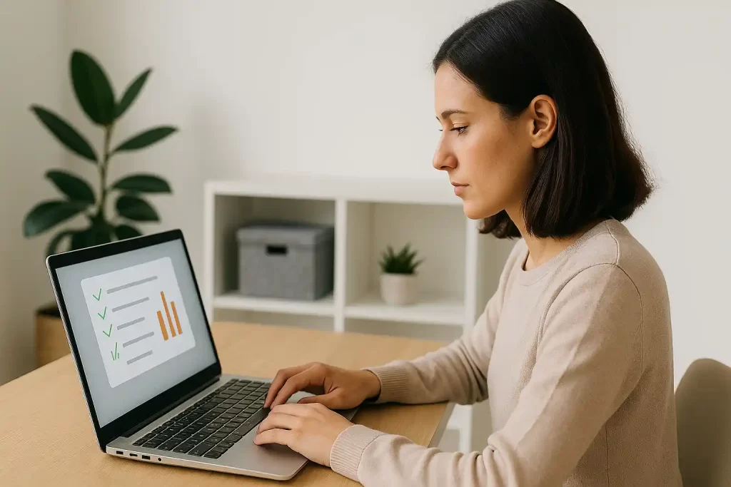 Mulher usando ferramentas de IA gratuitas no notebook para organizar sua rotina de trabalho.