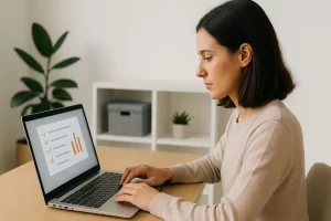 Mulher usando ferramentas de IA gratuitas no notebook para organizar sua rotina de trabalho.