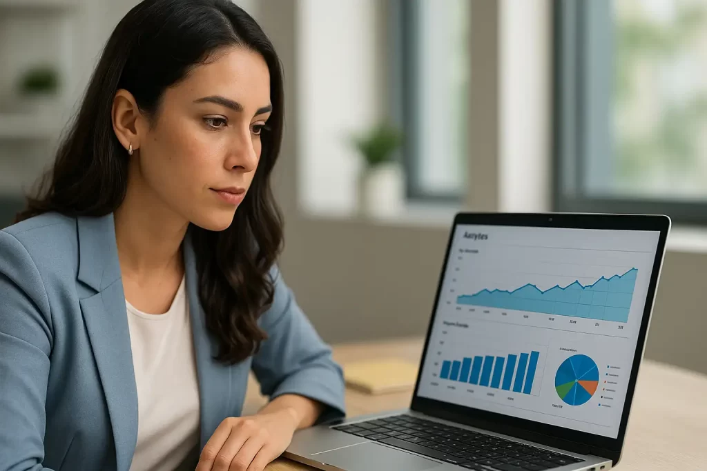 Executiva em escritório moderno analisando métricas de SEO e tráfego orgânico.