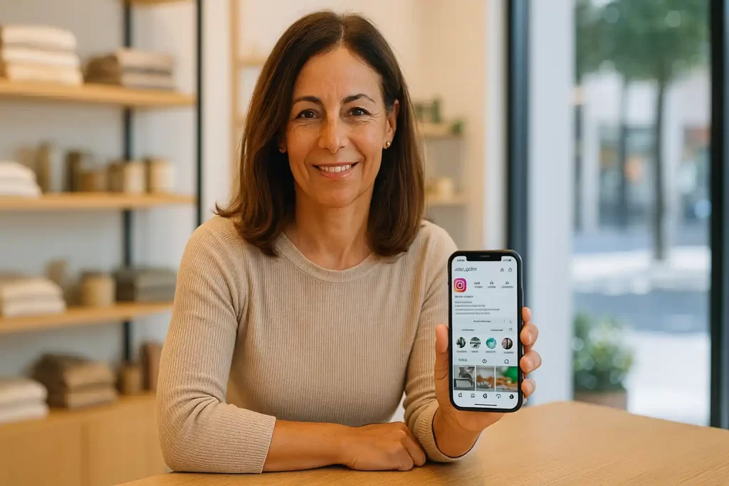 Empresária de pequeno negócio local usando o Instagram no celular atrás do balcão da loja.