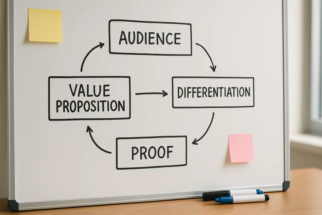 Diagrama com público, proposta de valor, diferenciação e provas conectados por setas.
