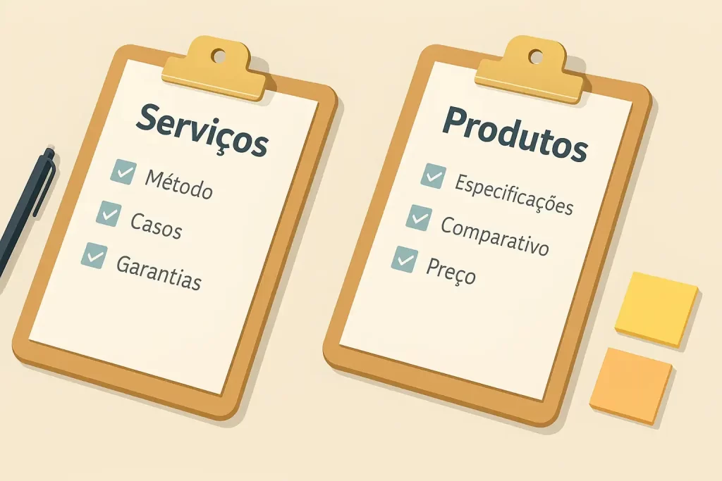 Dois clipboards comparando conteúdo para serviços e para produtos.