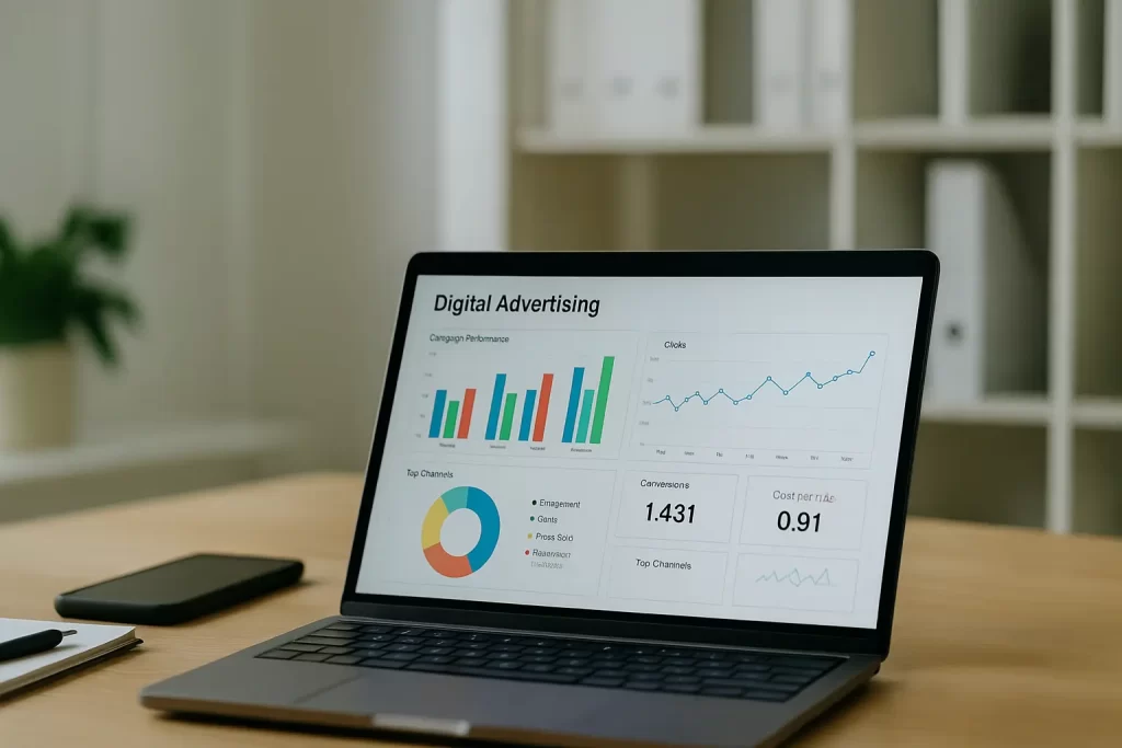 Laptop exibindo gráficos e métricas de campanhas digitais sobre uma mesa moderna com luz natural.