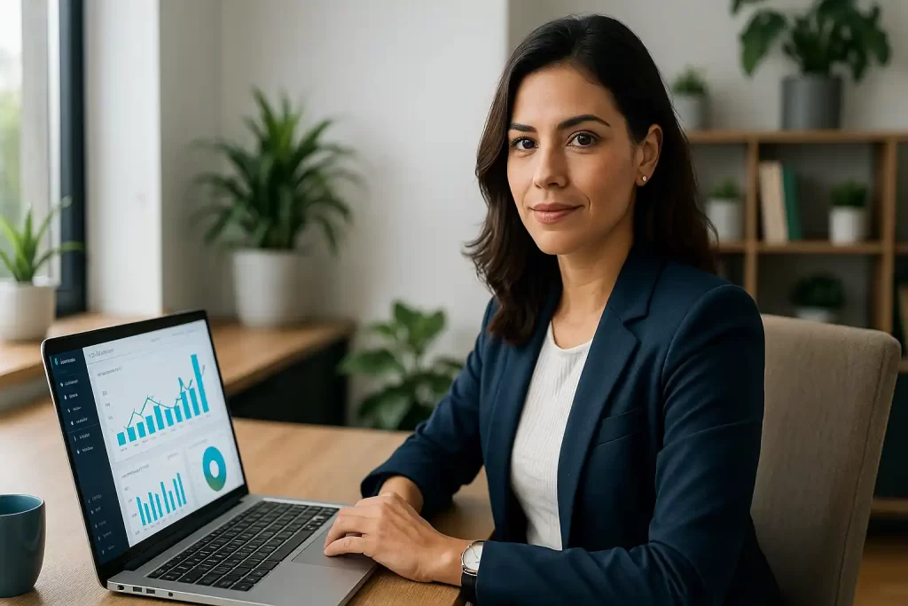 Empresária analisando gráficos de campanhas de tráfego pago em um notebook para otimizar o orçamento de anúncios.
