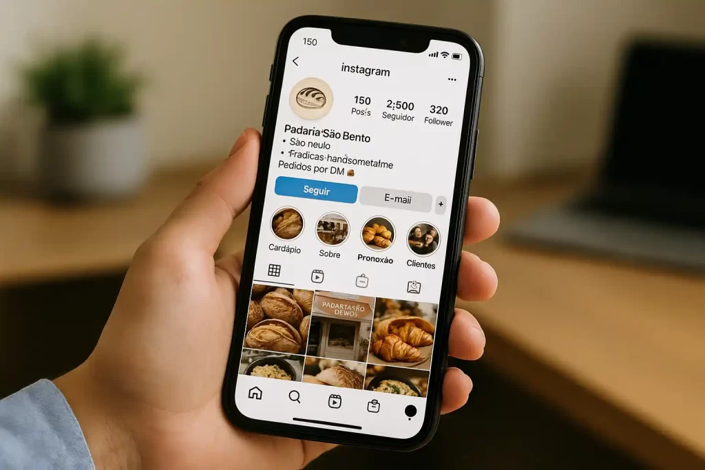 Mão segurando um celular com o perfil de um negócio local aberto no Instagram.