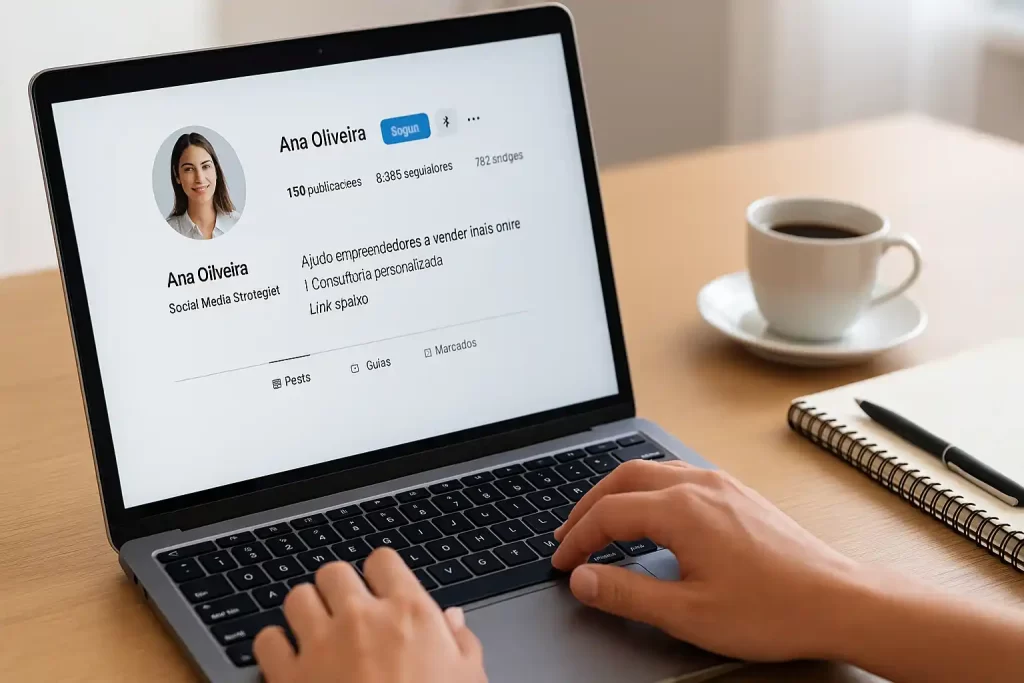Pessoa trabalhando em um notebook com um perfil profissional do Instagram aberto e bio organizada.