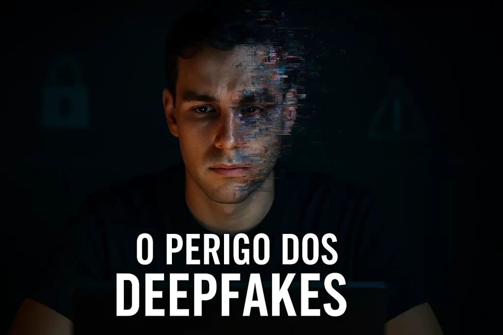 Pessoa em frente ao notebook com metade do rosto real e metade distorcida por glitch digital, simbolizando o perigo dos deepfakes.