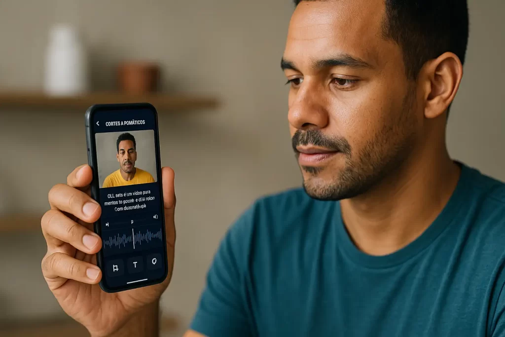 Mulher empreendedora usando IA no celular e notebook para planejar e editar conteúdo para redes sociais.