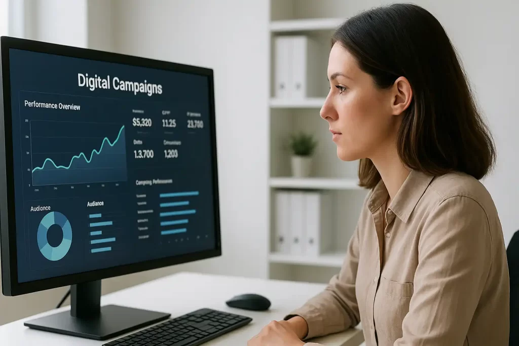 Profissional de marketing olhando painel de campanhas com inteligência artificial auxiliando na otimização.