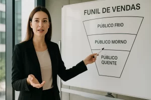 Mulher profissional explicando um funil de vendas em um quadro branco dentro de um escritório iluminado naturalmente.