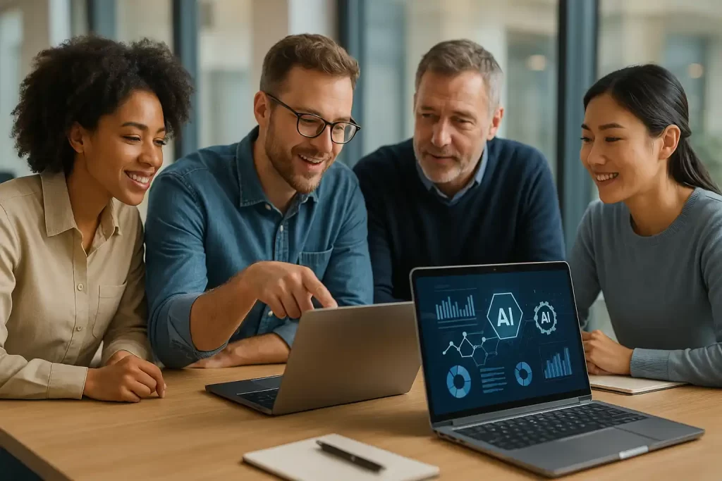 Grupo de profissionais diversos reunidos em mesa de escritório analisando dados e projetos de inteligência artificial em notebooks.