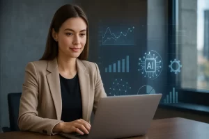 Mulher profissional em escritório moderno usando notebook com gráficos de inteligência artificial ao fundo, simbolizando as novas profissões de IA em 2025.