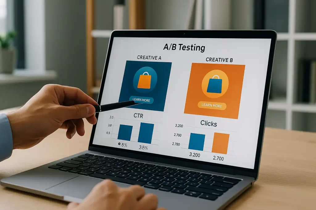 Notebook exibindo teste A/B com CTR dos anúncios.