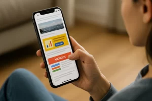 Pessoa rolando feed no celular com anúncios em destaque.