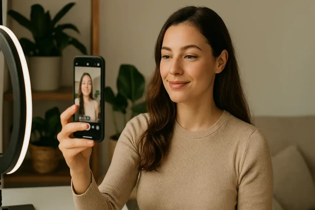 Criadora de conteúdo gravando vídeo com smartphone e ring light, usando storytelling para engajar seguidores nas redes sociais.