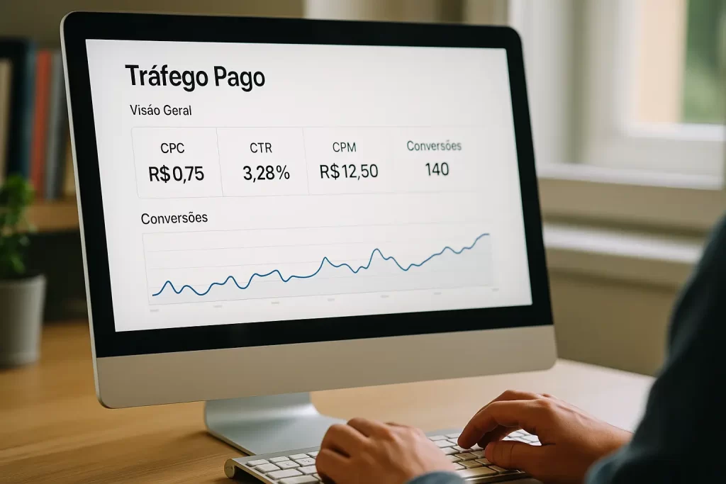 Painel de tráfego pago com métricas de campanhas exibidas em um monitor de computador.