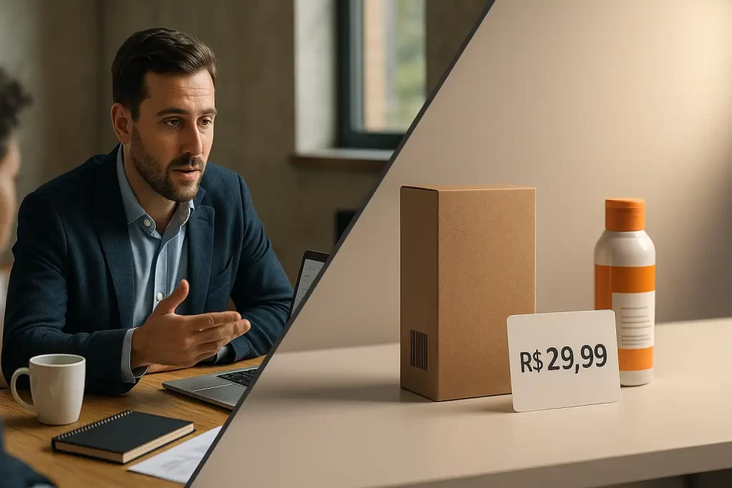 Workspace dividido ilustrando estratégias de marketing para serviços e para produtos.