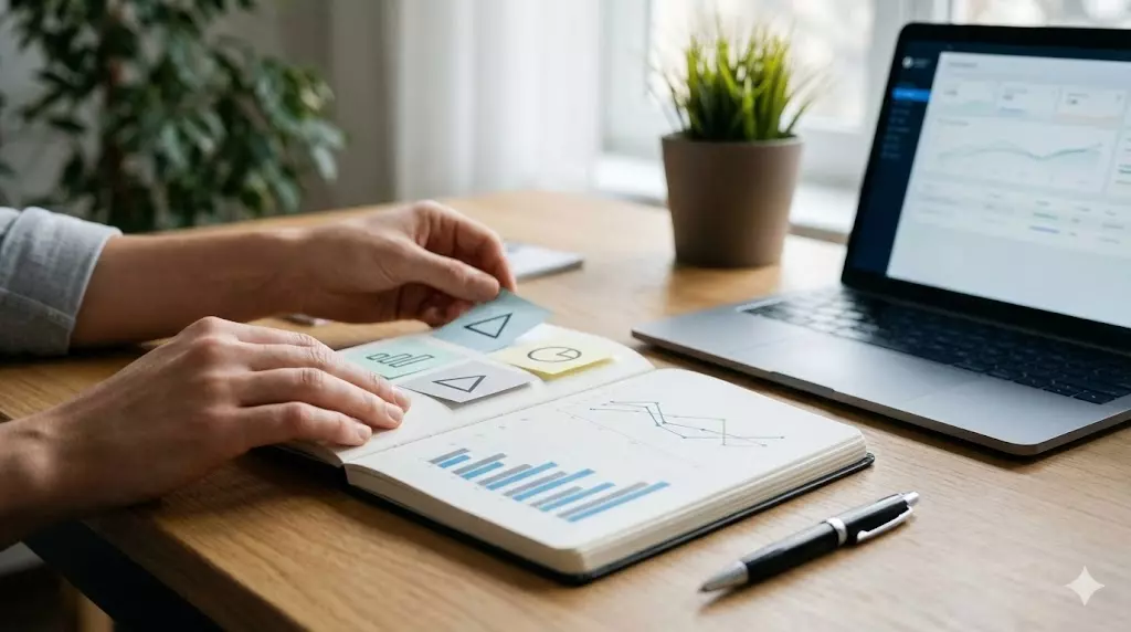 Quadro de planejamento com post-its e notebook com métricas, mostrando estratégia após entender que conteúdo bonito não vende sozinho.