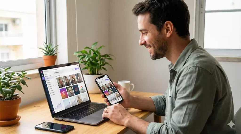 Empreendedor acompanhando o desempenho de Reels e posts nas redes sociais após usar IA para criar conteúdo.