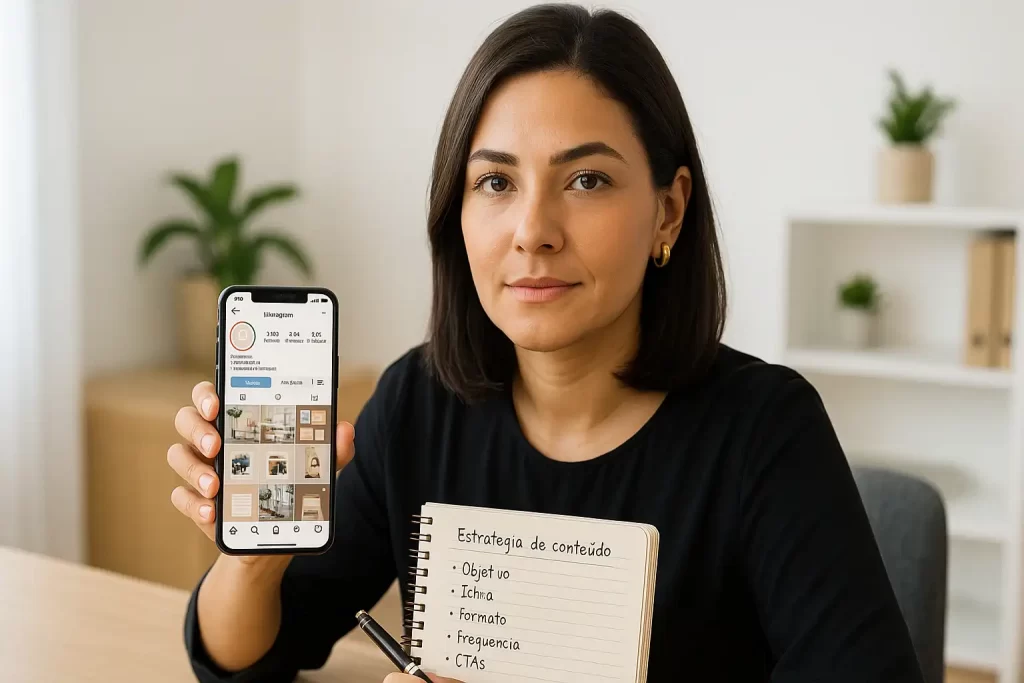 Empresária olhando o perfil do Instagram da empresa no celular com anotações de conteúdo ao lado.