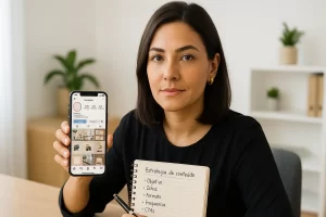 Empresária olhando o perfil do Instagram da empresa no celular com anotações de conteúdo ao lado.