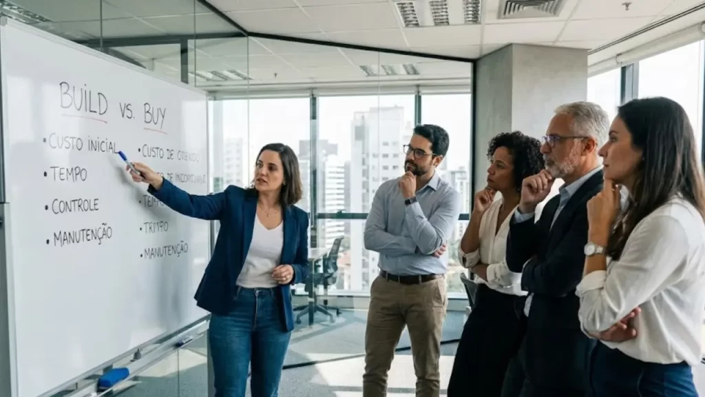 Equipe de TI e financeiro debatendo o custo de desenvolvimento de chatbot personalizado versus soluções prontas.