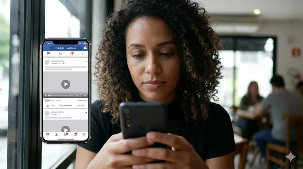 Pessoa usando celular com feed e notificações representando economia da atenção no comportamento digital no Brasil.