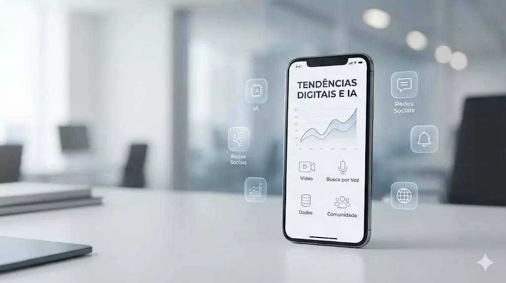 Smartphone com ícones de redes sociais, IA e gráficos representando comportamento digital no Brasil e tendências de conteúdo.