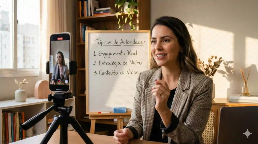 Empreendedora gravando conteúdo de autoridade para o Instagram, usando storytelling para conectar com o público.