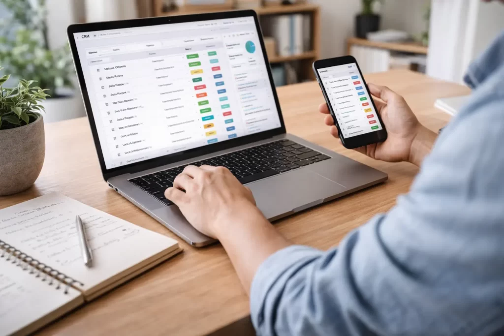 Empreendedor utilizando CRM com automação para gestão de clientes.