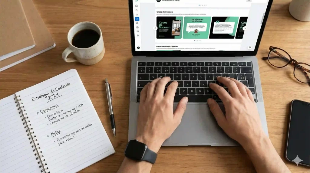 Profissional usando o notebook para organizar cases e depoimentos em posts de redes sociais sobre a mesa de trabalho.