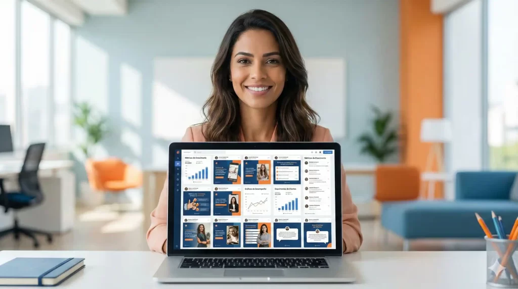 Profissional analisando no notebook um portfólio de posts com métricas e depoimentos de clientes em um escritório moderno.