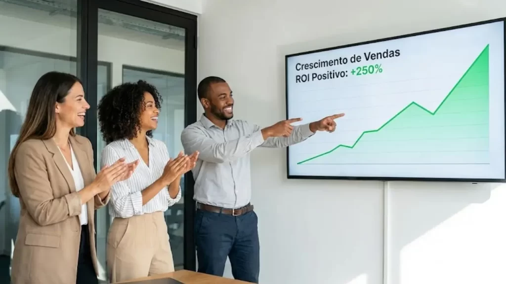 Time de marketing digital analisando gráfico de crescimento de vendas e retorno sobre investimento na tela.