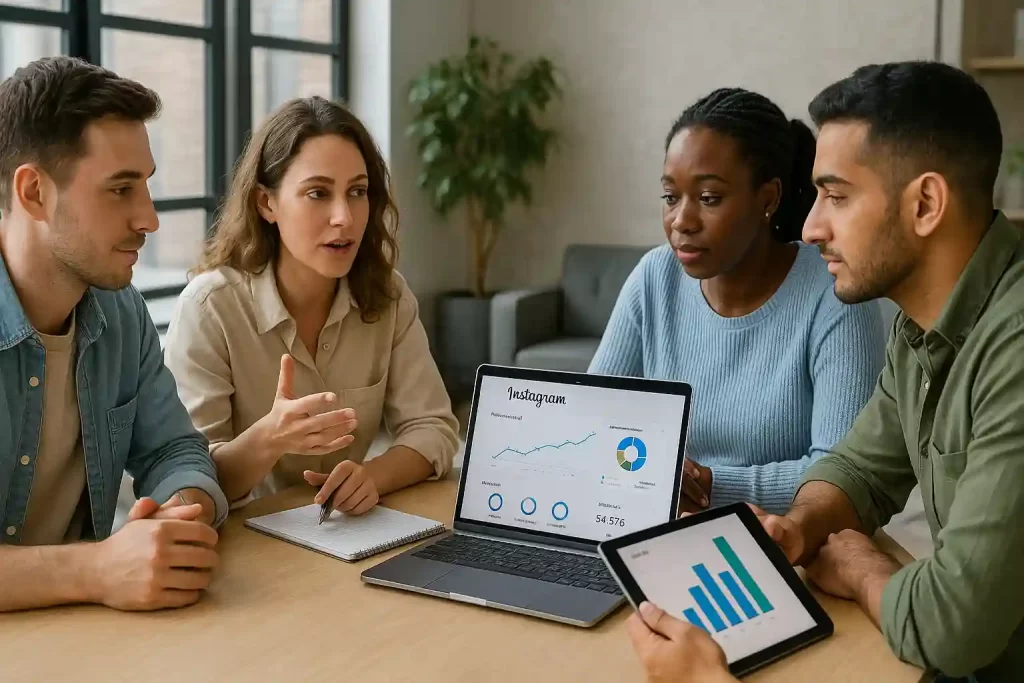 Equipe analisando métricas do Instagram em notebook e tablet para ajustar funil de vendas.