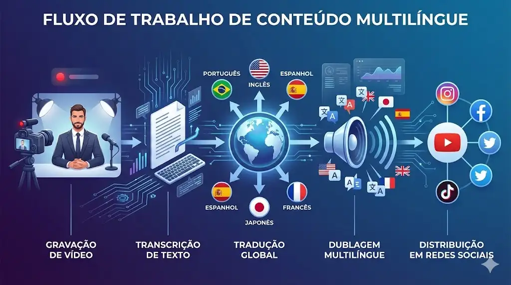 Fluxo de trabalho passo a passo da dublagem automática com IA em vídeos.