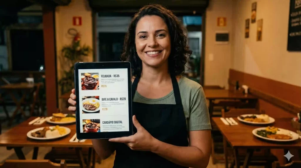 Empreendedora de restaurante mostrando no tablet um cardápio digital organizado com pratos e descrições.