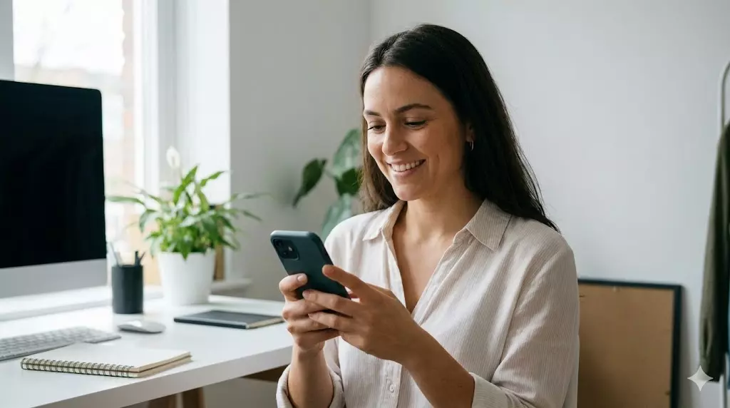 Atendente de pequeno negócio usando smartphone para responder clientes com agilidade.