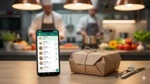 Smartphone exibindo menu digital genérico ao lado de embalagem de pedido em ambiente de restaurante.