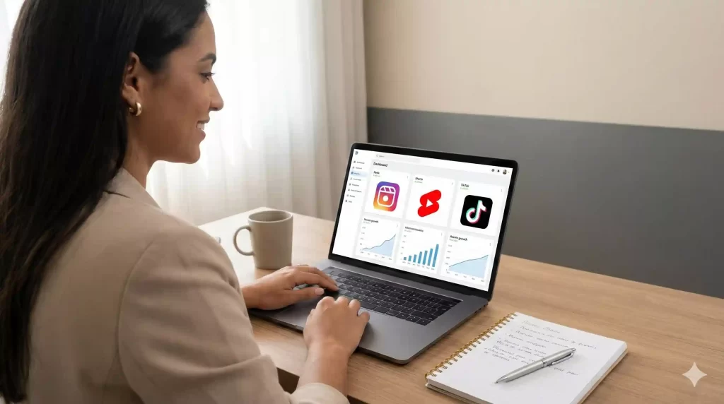 Empreendedora analisando no notebook gráficos de desempenho de vídeos curtos no Reels, Shorts e TikTok.