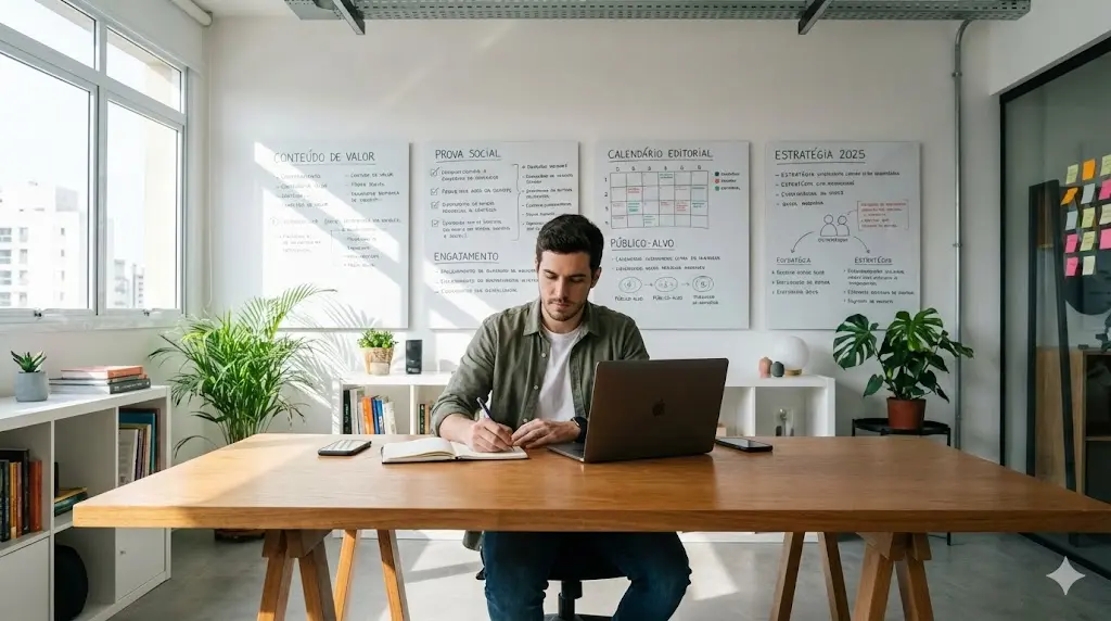 Mulher profissional olhando para o telemóvel com gráficos de crescimento ao fundo, simbolizando microautoridade digital e crescimento com poucos seguidores.