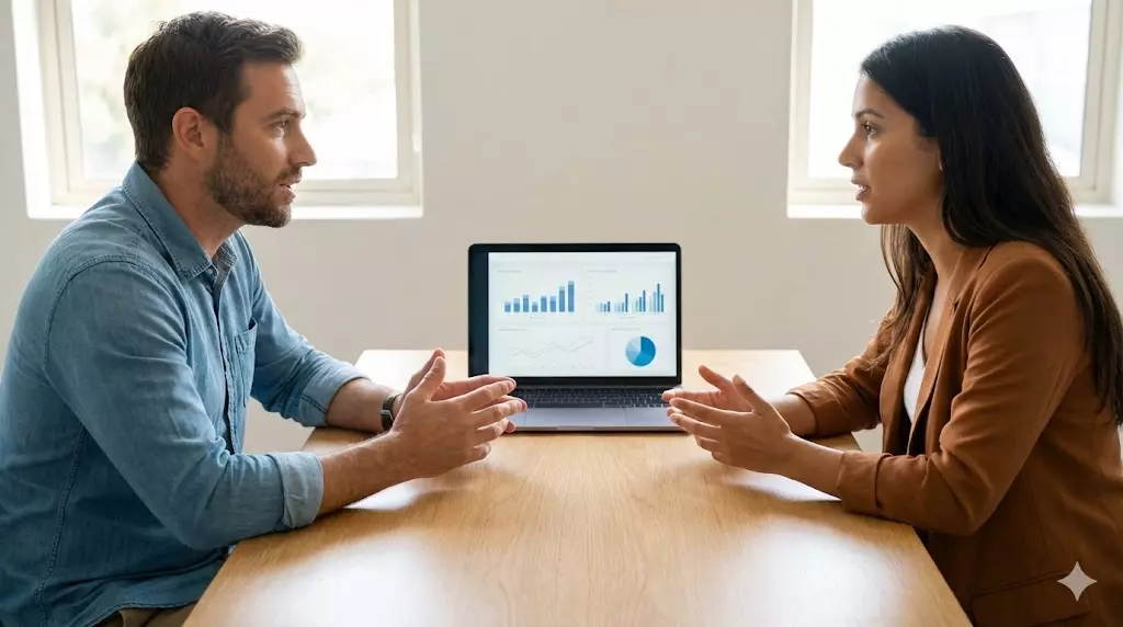 Reunião entre empresário e consultor analisando o preço de uma agência de marketing digital.