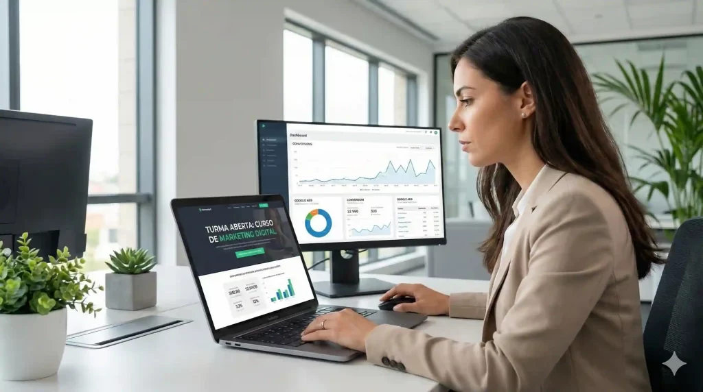 Mulher profissional analisando a primeira dobra de uma landing page no computador.