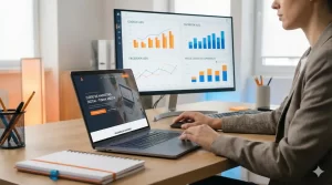 Profissional analisando landing page em notebook com gráficos de desempenho de tráfego pago ao fundo.