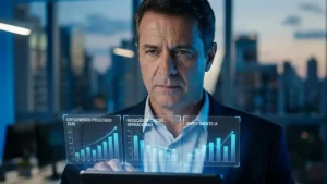Gestor analisando gráficos financeiros sobre quanto custa implementar IA no atendimento ao cliente em um tablet moderno.