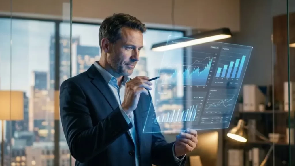 Homem de negócios analisando gráficos de custos e investimento em tráfego pago em tela futurista.