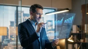 Homem de negócios analisando gráficos de custos e investimento em tráfego pago em tela futurista.