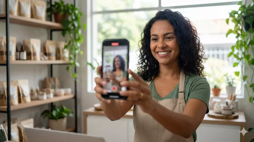 Empresária gravando vídeo curto com o celular atrás do balcão da loja para divulgar a pequena empresa nas redes sociais.